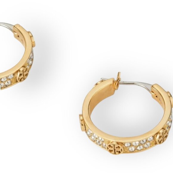 Gold-Tone Tory Burch Miller Gold and Crystal Logo Huggie/Hoops - Picture 2 of 5